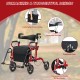 Folding rollator walker in red with 8-inch wheels, detachable bag, and breathable seat for seniors' mobility support.