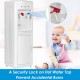 Hot and cold water cooler dispenser with child safety lock, designed for home and office use, featuring detachable drip.