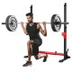 Adjustable squat rack stand with weights, designed for home gym fitness, featuring a sturdy steel frame and anti-slip.