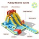 Inflatable dual slide water park bounce house with climbing wall, basketball hoop, and water pool for outdoor fun.