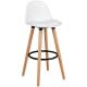 White mid-century barstool with beech wood legs and metal footrest, ideal for dining rooms or home bars.