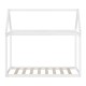 Kids platform floor bed with roof in white, featuring sturdy wooden frame and heavy-duty slats for durability.