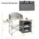 Foldable outdoor BBQ grilling table with windscreen, gray aluminum frame, and portable carrying bag for easy transport.