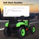 Green 12V ride-on tractor with soft start function, suitable for kids 3+, featuring a detachable trailer and safety.