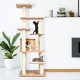 Tall 7-layer wooden cat tree with sisal posts, featuring multiple platforms for climbing and play in a stylish design.
