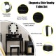 Black makeup dressing table set featuring a lighted mirror, cushioned stool, and ample storage with elegant carved.