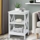 3-tier white nightstand with X-design, showcasing a stylish top surface and open shelving for versatile storage.