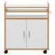 Rolling kitchen island on wheels with removable shelf, towel rack, and engineered wood construction for added storage.