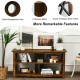Modern farmhouse TV stand in brown with open shelves, cable management hole, and sturdy X-shaped steel tubes for living.