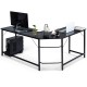 L-shaped black corner computer desk with spacious surface, adjustable footpads, and separate CPU stand for efficient.
