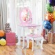 Kids wooden makeup dressing table and chair set with mirror, featuring cute patterns, perfect for playrooms or bedrooms.