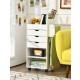 Compact white wooden utility rolling craft storage cart with 3 drawers and 3 shelves, designed for easy mobility and.
