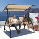 Cushioned 2-seat outdoor porch swing with adjustable canopy and tempered glass table, perfect for garden relaxation.