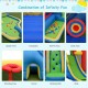 Inflatable bounce house with slide, trampoline, climbing wall, and splash pool, made of puncture-resistant PVC fabric.