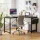Reversible L-shaped dark gray computer desk with anti-falling edge shelf and side storage pocket for organized.