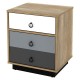 Multifunctional nightstand with three drawers in white, gray, and black, made of engineered wood for bedroom or living.