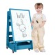 Kids' standing art easel in navy with adjustable height, featuring a large dry-erase board for creative play.