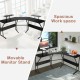 L-shaped black computer desk with movable monitor stand, offering spacious work surface for office or study use.