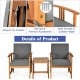 Solid wood outdoor patio sofa set with gray cushions, featuring wide armrests and durable acacia wood frame for comfort.