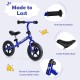 Kids balance bike in blue with adjustable handlebar and padded seat, made of lightweight carbon steel for safe riding.