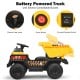 Battery-powered kids ride-on dump truck in yellow with electric bucket, remote control, and safety features for outdoor.