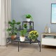 Three-tier metal corner plant display rack with decorative lace, ideal for showcasing plants in living rooms or patios.