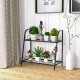 2-tier metal plant stand with a black powder-coated finish, ideal for displaying plants in living rooms or gardens.