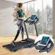 Folding electric treadmill with blue backlit LCD display, ideal for home workouts and featuring adjustable incline.