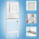 White over-the-toilet cabinet with tempered glass door, adjustable shelves, and faux marble finish for stylish bathroom.