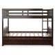 Full over full bunk bed in brown wood with sturdy slats, ladder, and guardrails, ideal for kids' rooms or guest spaces.