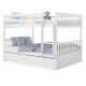 Full over full bunk bed in white wood with trundle, featuring sturdy slats and guardrails, ideal for kids' rooms.