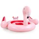Inflatable pink flamingo floating island for 4-6 people with 6 cup holders, perfect for pool and river parties.