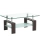 Rectangular coffee table with tempered glass top and black MDF base, featuring a bottom shelf for extra storage.