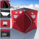 Portable 2-person ice fishing tent in red, featuring a zippered door, breathable window, and built-in pocket for.