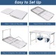 Height adjustable folding camping table in blue, showcasing easy setup steps and compact design for outdoor use.