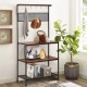 4-tier kitchen rack stand with wooden shelves, mesh panel, and 11 hooks for versatile storage in any room.
