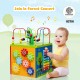 Colorful 5-in-1 wooden activity cube toy with bead maze, xylophone, and gears for kids' early education and fun.