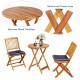Folding wooden bistro set with cushioned chairs in navy, featuring a spacious acacia wood tabletop for outdoor use.