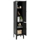Freestanding black bathroom storage cabinet with five shelves, compact design, and raised feet for damp prevention.