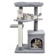 Gray cat tree with plush perch, scratching posts, and cozy condo, perfect for indoor play and relaxation for kittens.