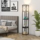 Modern standing shelf lamp with 1 power outlet, 2 USB ports, and 3 open shelves for convenient charging and storage.