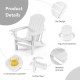 White folding Adirondack chair with ergonomic backrest, slat design, and built-in cup holder for backyard relaxation.