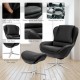 Black 360° swivel leather lounge chair with ottoman, featuring a high back, wide armrests, and aluminum alloy base for.