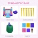 Bounce house part list including 1 inflatable castle, 8 ground stakes, carrying bag, and repair kit for kids' fun.