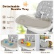 Detachable double tray of the gray folding baby high dining chair, BPA-free and dishwasher safe for easy cleaning.