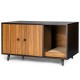 Modern brown cat litter box enclosure with double doors, divider, and scratching pad for stylish pet privacy.