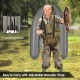 Inflatable fishing float tube in gray with adjustable shoulder straps, storage pockets, and fish ruler for convenient.