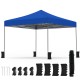 Blue 9.5 x 9.5 feet pop-up canopy tent with adjustable heights, heavy-duty frame, and included sandbags for stability.