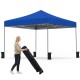 Blue 9.5 x 9.5 feet pop-up canopy tent with adjustable heights, featuring a sturdy frame and easy transport wheels.