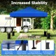 Pop-up canopy tent in blue with heavy-duty metal frame, adjustable heights, and sandbags for stability, ideal for.